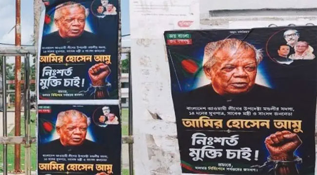ঝালকাঠিজুড়ে আমির হোসেন আমুর মুক্তি দাবিতে পোস্টার