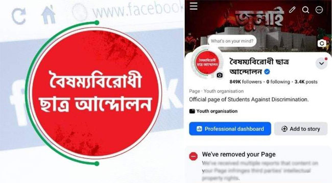 বৈষম্যবিরোধী ছাত্র আন্দোলনের পেজ রিমুভ করে দিল ফেসবুক